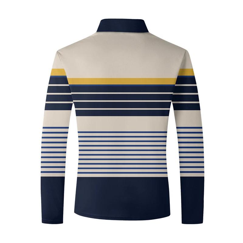 Men's Long-sleeved Striped Polo Shirt, Men's High Tie Button, Double-sided German Velvet Shirt for Winter