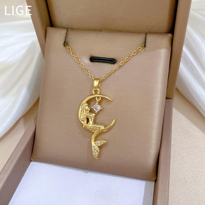 Mermaid Zircon Light Luxury Temperament Gorgeous Full Diamond Necklace Female Versatile Collarbone Chain Titanium Steel Chain