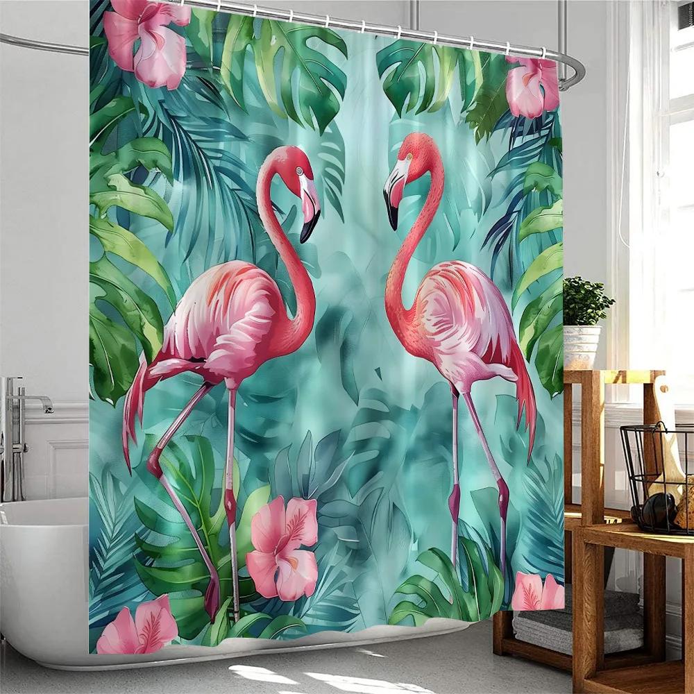 Tropical Pink Flamingo Shower Curtains Watercolor Flamingos Green Leafves Plant Polyester Fabric Bath Curtain Bathroom Decor Set