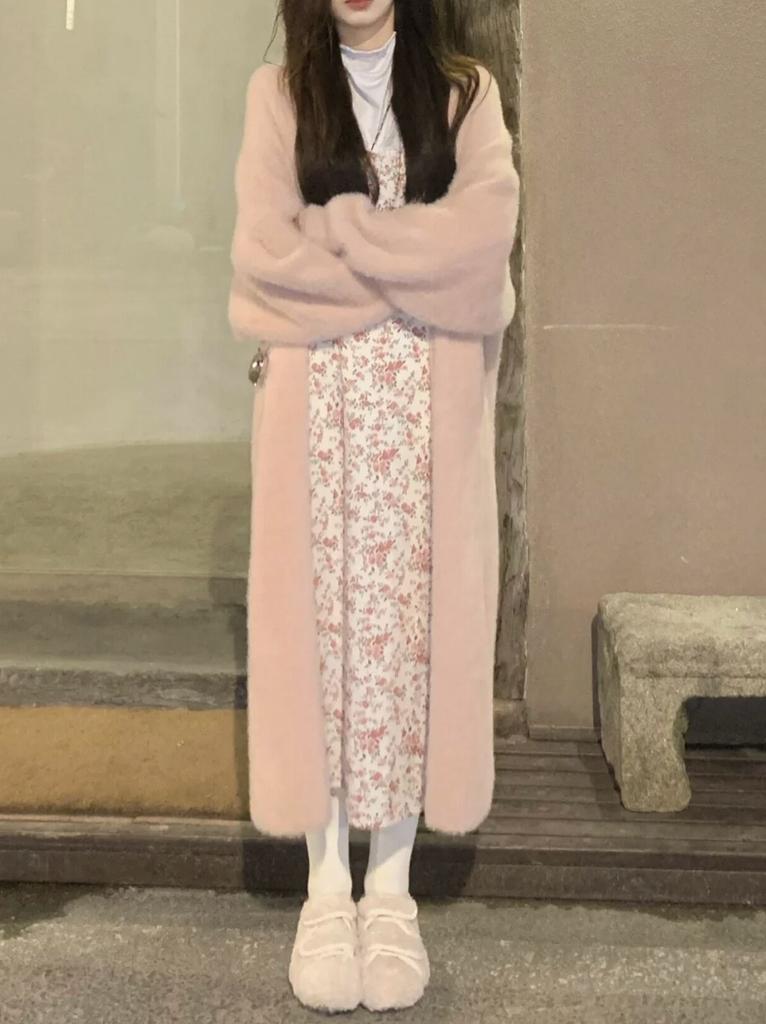 Imitation mink fleece sweater knitted sweater jacket women's autumn and winter thickened medium and long loose lazy wind over the knee cardigan top
