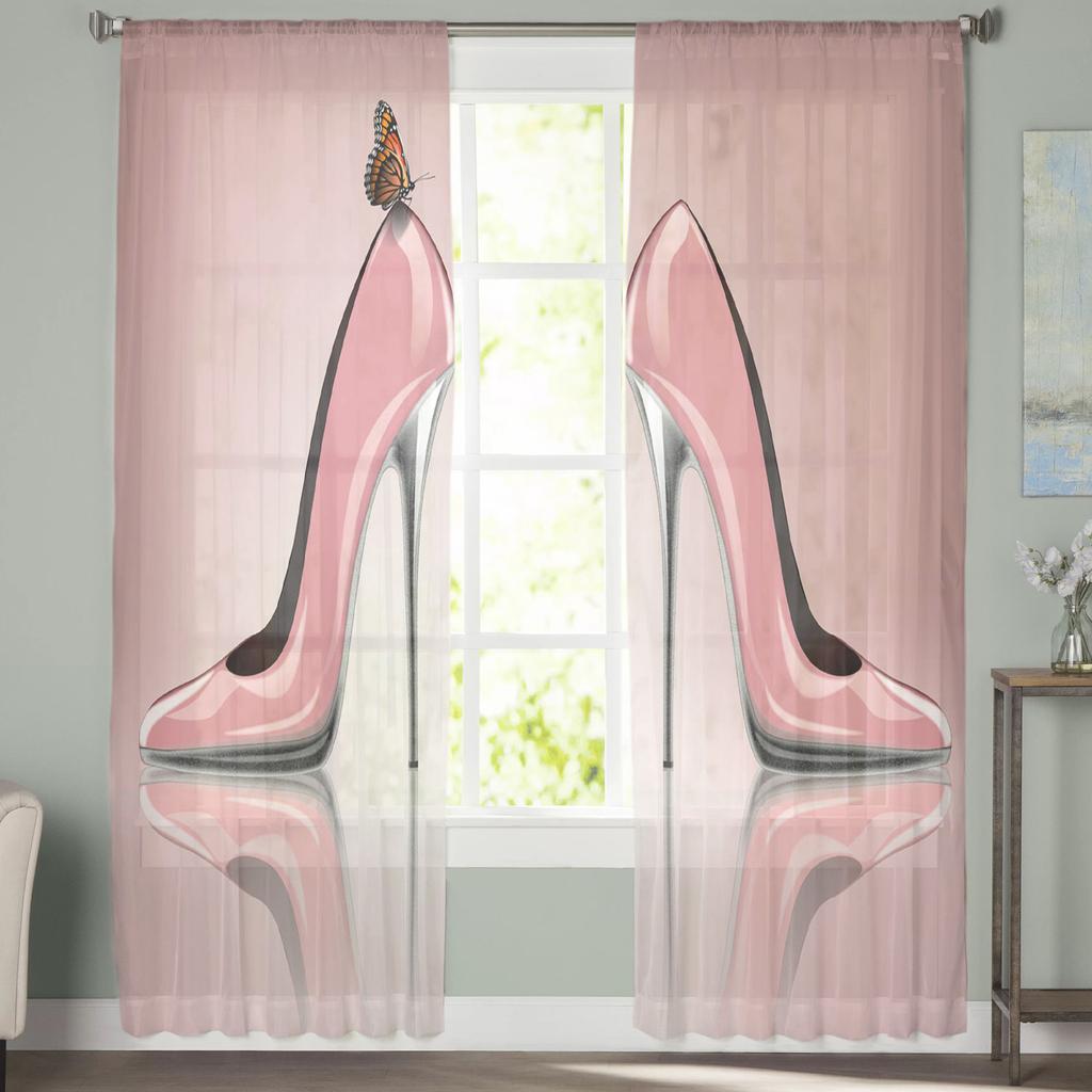 Tulle Curtains High Heels Pink Butterfly Boys And Girls Bedroom Sheer Hanging Curtain Living Room Kitchen Gauze Curtain