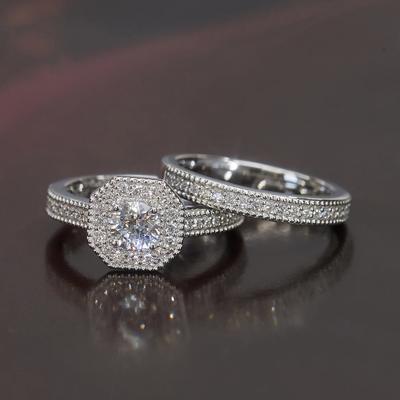 Full Diamond Couple Princess Round Diamond Ring, European and American Fashion Luxury Engagement Ring