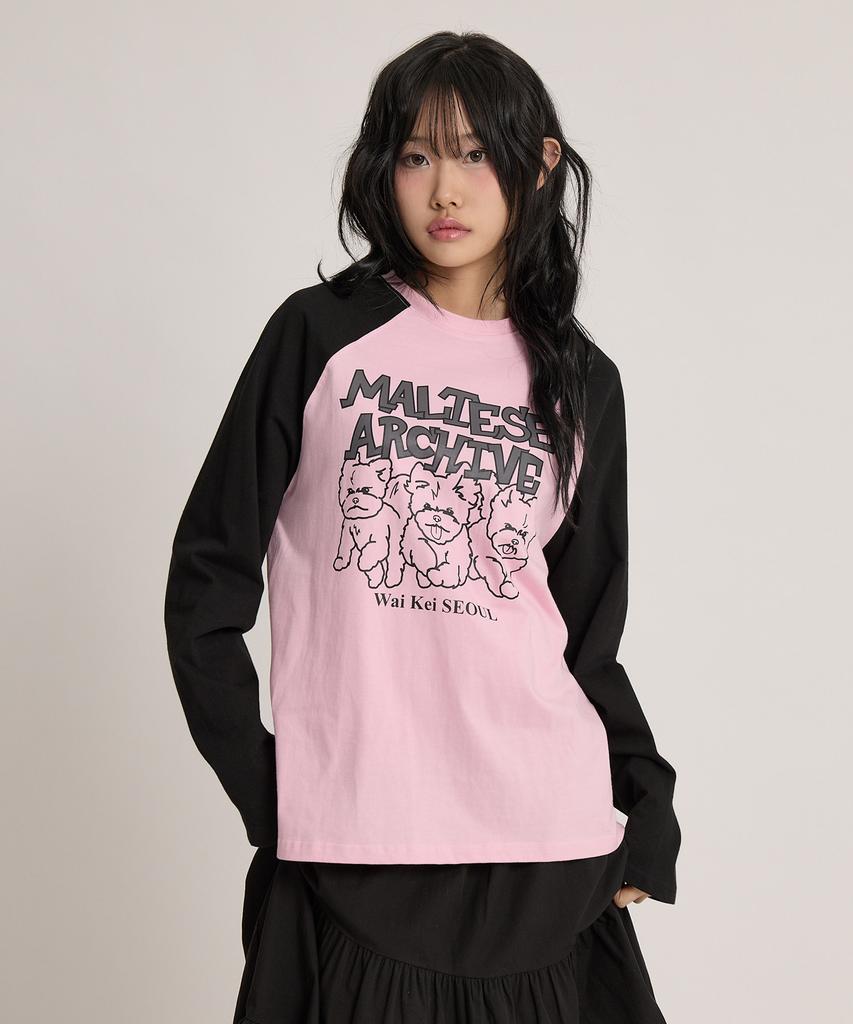 WAIKEI Maltese Archive Line Graphic Raglan Long Sleeve T-Shirt Pink