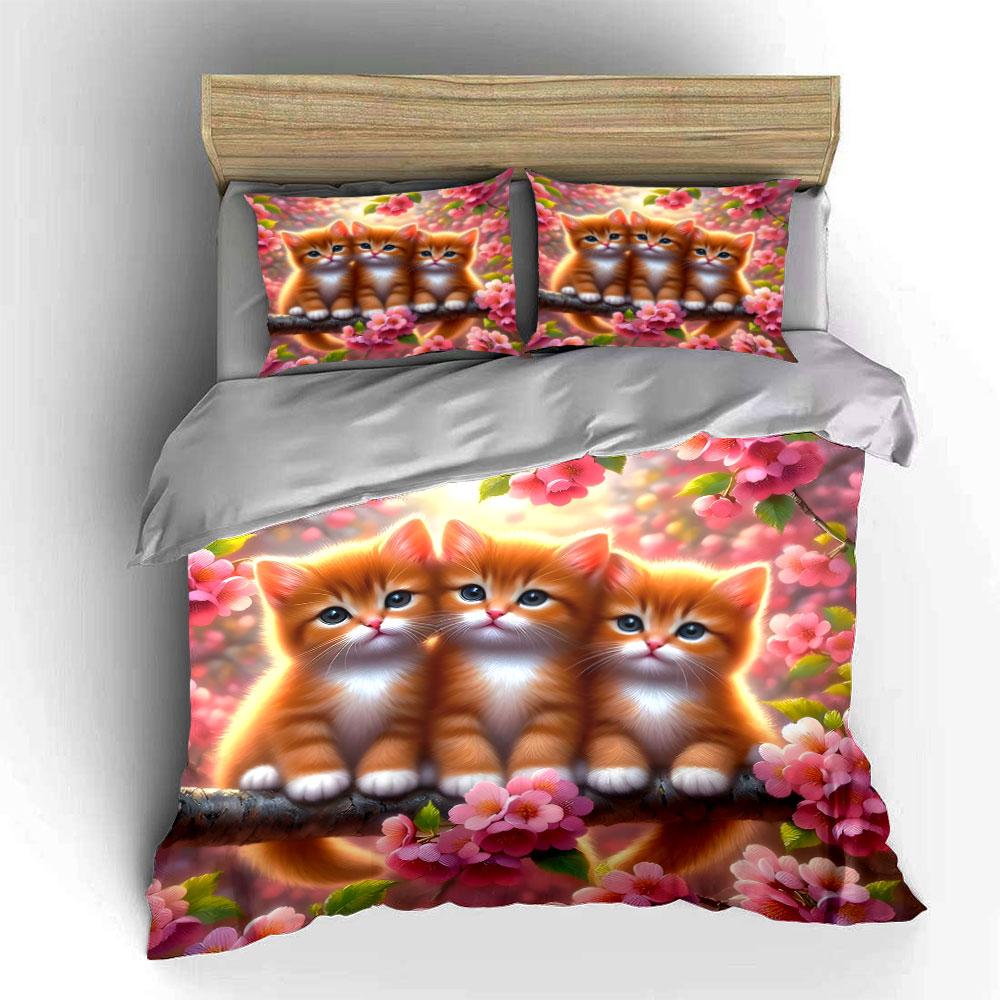 Three Kittens Amid Blossoming Spring  Kid'S And Adults' Bedroom Decor, Exquisite Three-Piece Bedding Set Gift