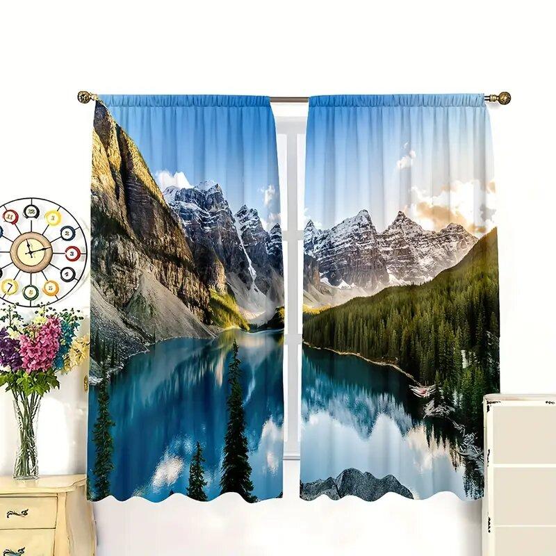 2pcs -Snow-capped Mountains, Forests and Lake Landscapes Print Curtains, Pole Bag Curtains, Home Decoration, Room Decoration