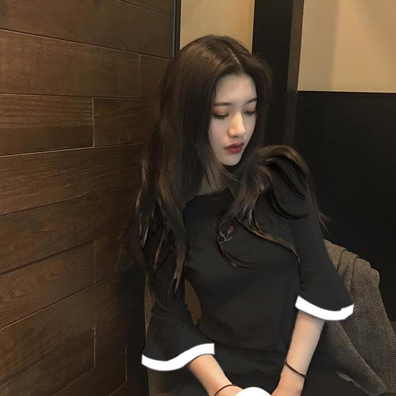 Summer Korean New Style Flared Sleeve Embroidered Short-sleeved T-shirt Female Student Top Women's Clothing