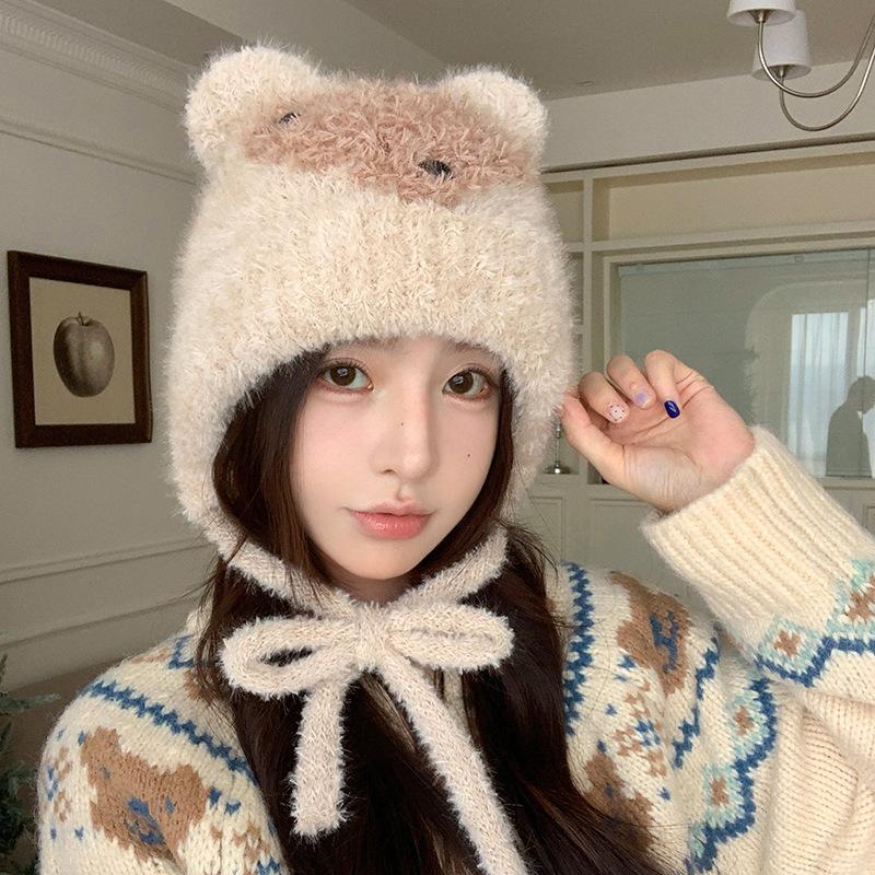 Little Bear Plush Knitted Cap for Women  Cute and Warm Japanese Style Ear Protecting Woolen Cap for Autumn and Winter Outdoor Cycling Cold Proof Cap