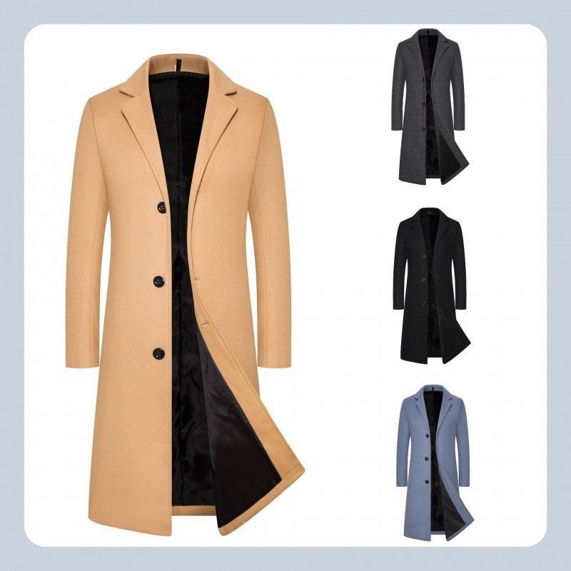 Men's Mid-Length Woolen Coat: Solid Color Single-Breasted Trench for Autumn/Winter
