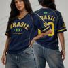 Women'S Brazil Graphic Printed Football Jersey V-Neck Streetwear Short Sleeve Top Summer Plus Size Sport Casual Party T-shirt