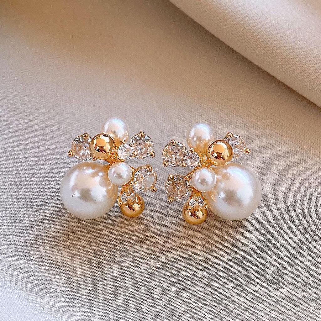 Gold-Plated Silver Zircon Flower Pearl Stud Earrings - French Retro Style for Women