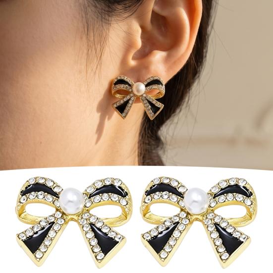 Classy Party Jewelry 1 Pair Sparkly Rhinestone Bow Knot Stud Earrings for Women, Faux Pearl Romantic Date Night Accessories Ribbon Earrings, Statement