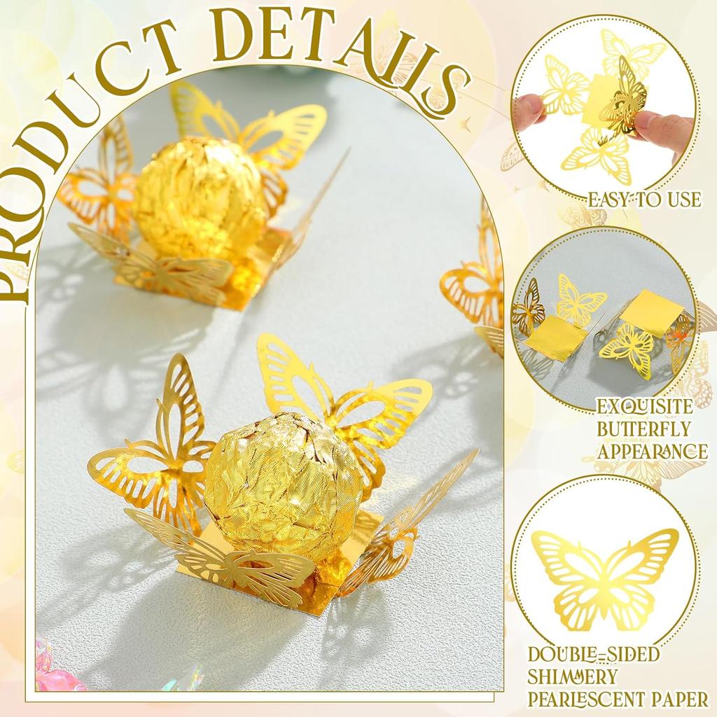 100 Pcs Gold Butterfly Truffle Wrappers Paper Cupcake Dessert Liners Candy Cupcake Tray Wrappers Mini Square Baking Cups for Chocolate Baby Shower