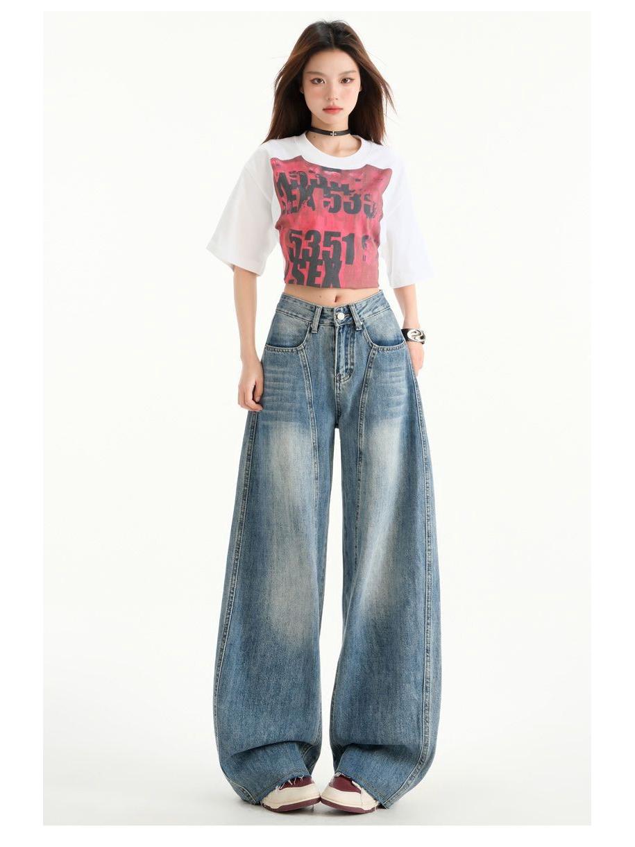 

American Retro Blue High-Waisted Wide-Leg Jeans for Women, Autumn/Winter 2025 - Versatile, Loose, Slimming Drape Banana Style. Extra Large
