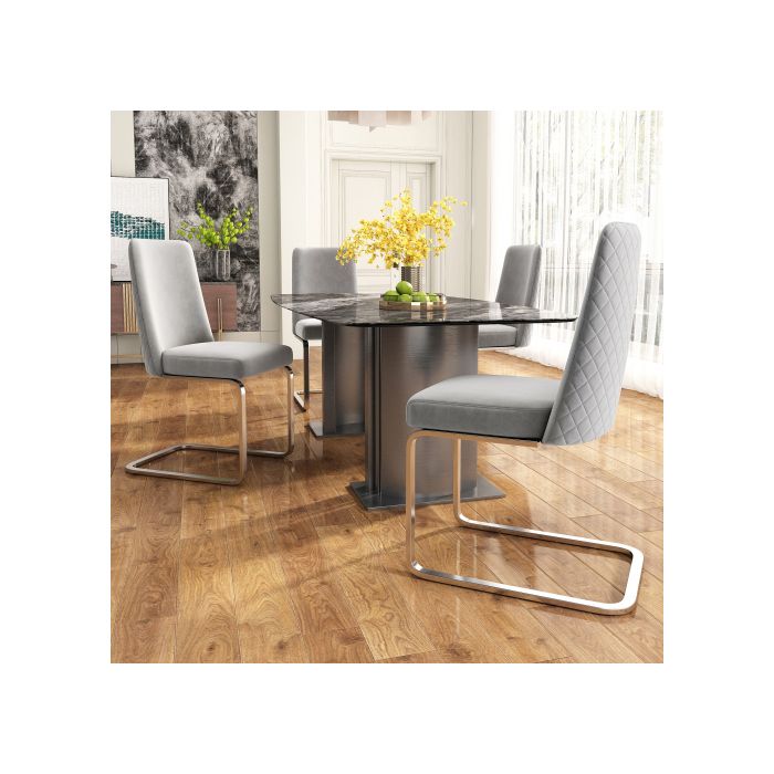 Chaise de salle à manger - MUVOE - Dos en losange - Velours gris - Pieds métal argenté - Ensemble 4