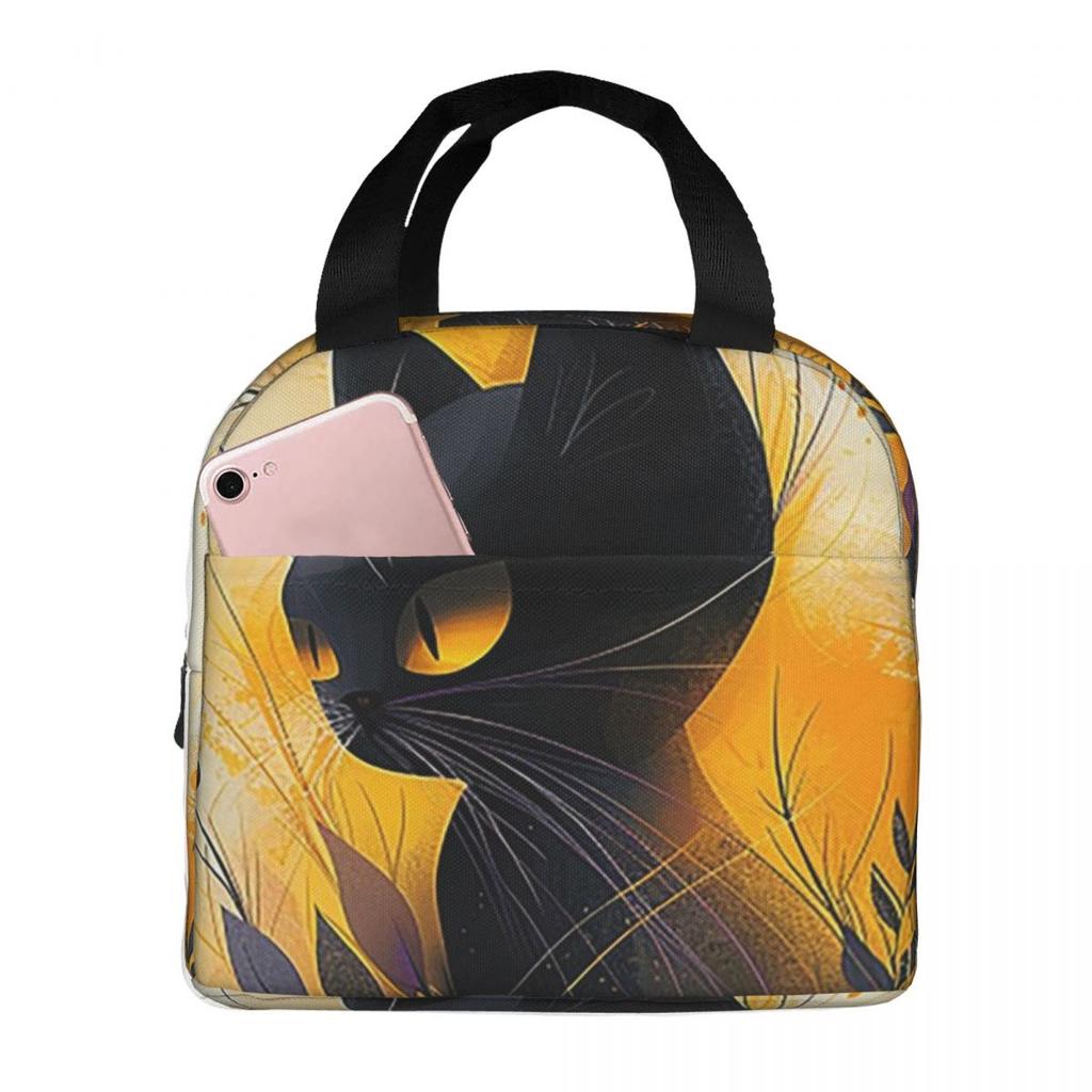 Black Cat With Flowers On Yellow Background Insulated Lunch Bag for Women Kids Portable Food Boxes Thermal Lunch Box Tote