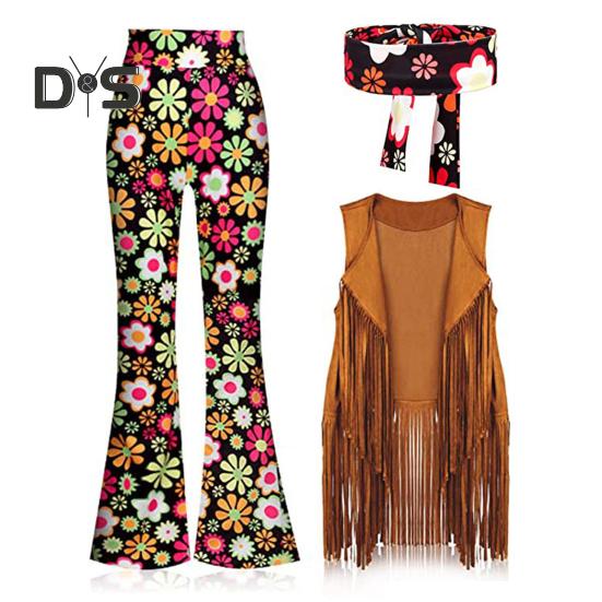 Kobiety kostium hipisowski stroje Retro rozkloszowane spodnie kamizelka z frędzlami zestaw opasek na Halloween Cosplay taniec w klubie nocnym