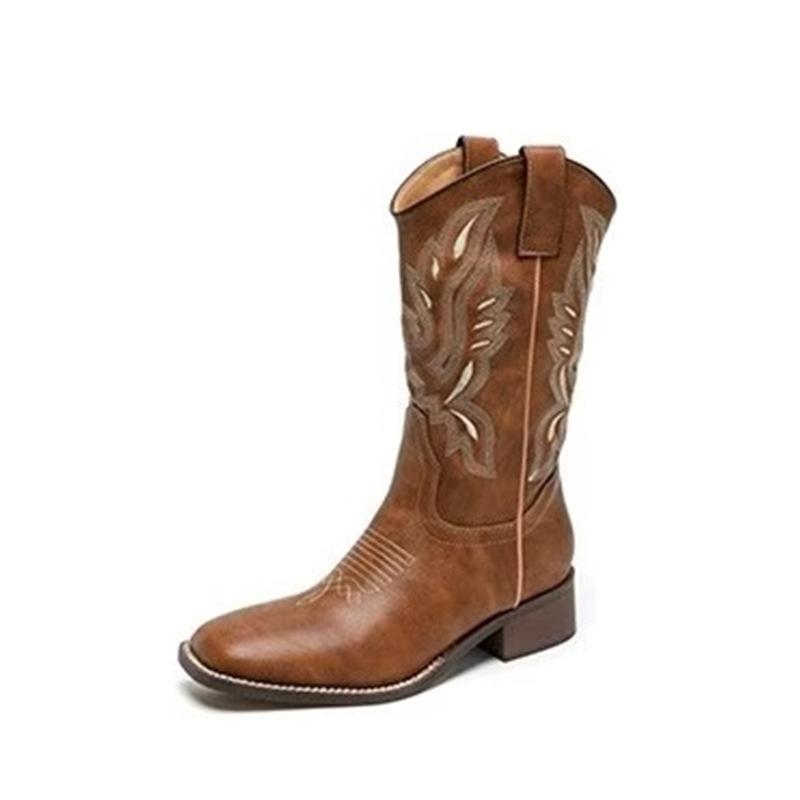 Versatile Western Cowboy Boots 0000 Autumn Coarse Heel Embroidered Sleeve Knight Boots Retro Medium Boots Women's Short Boots
