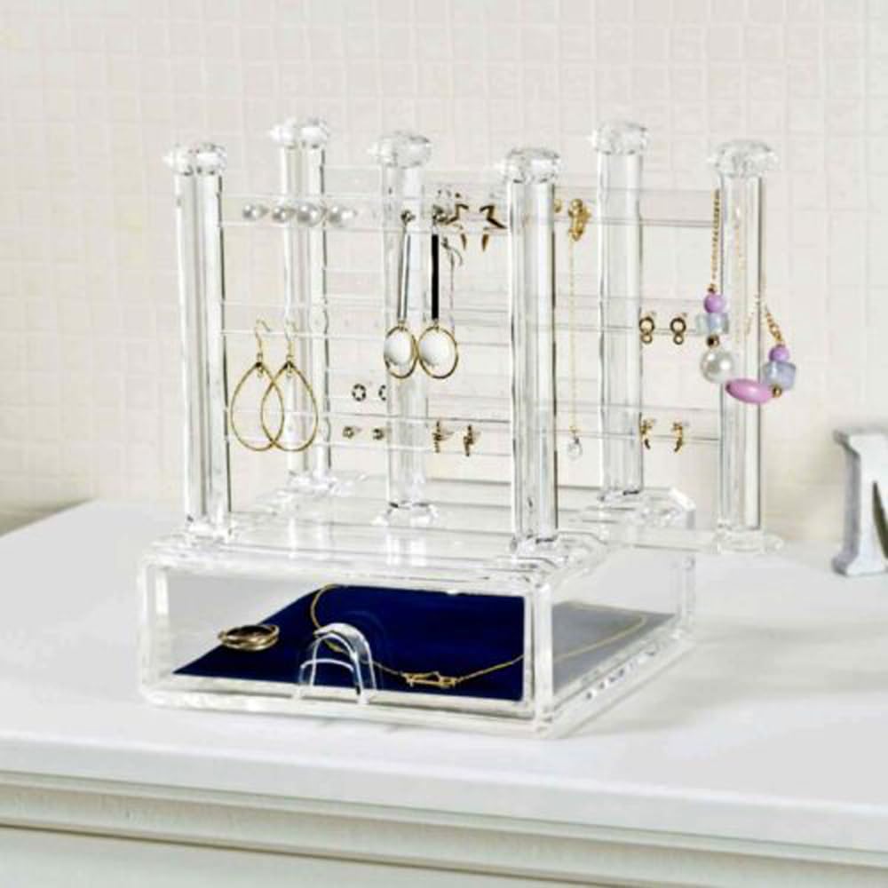 Tiger Crown Jewelry Storage, Clear, 165 x 180 x 210mm, Earring and Piercing Stand, Acrylic Resin, with Sliding Drawer, 290mm
