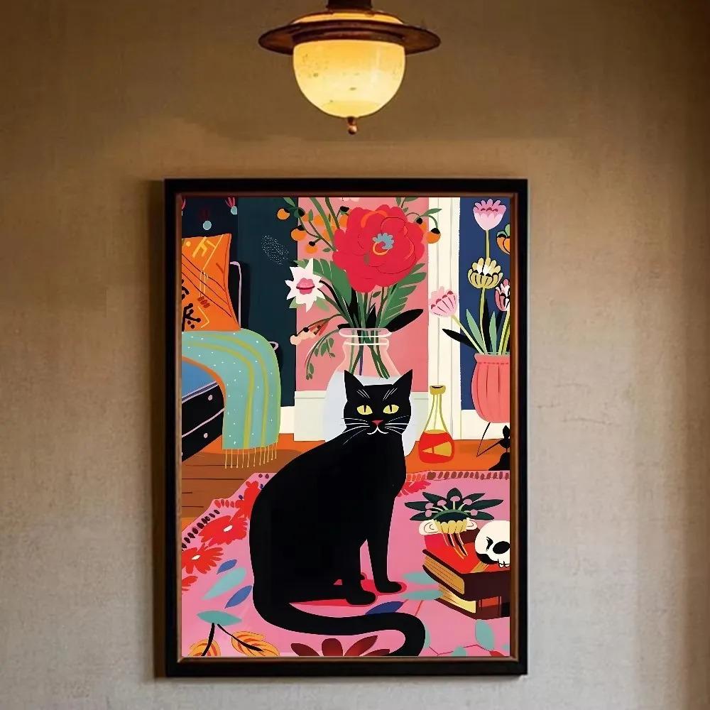 Funny Black Cat Reading Newspapers On The Toilet Canvas Print Green Pink Animal Wall Art Poster for Modern Bathroom Home Decor