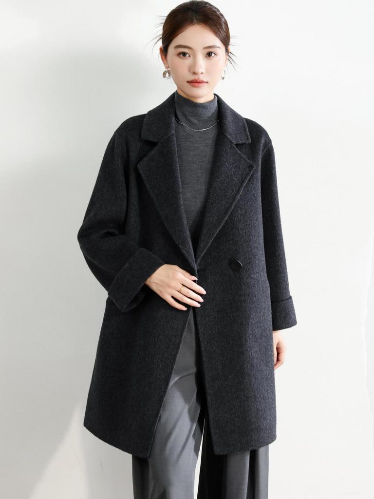Women's Mid-Length Black Double-Faced Cashmere Wool Coat - 2025 Autumn/Winter Collection