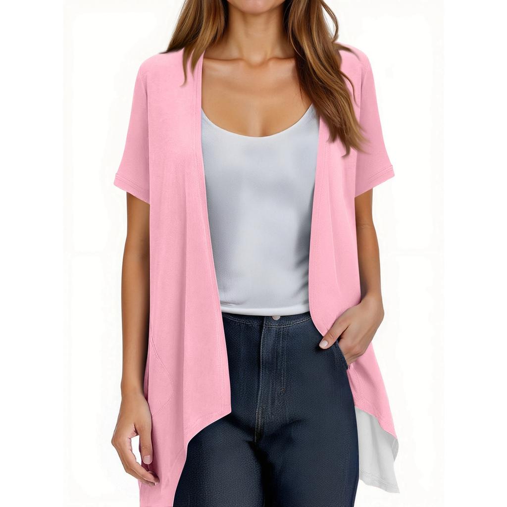 Women's Fashion Solid Color Irregular Hem Short Sleeve Cardigan Pocket Jacket