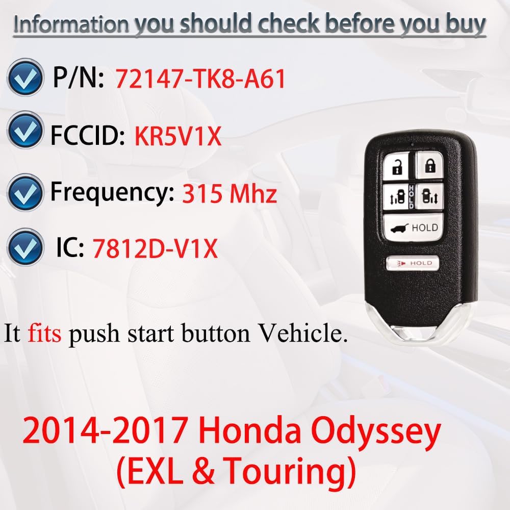 Key Fob Keyless Entry Fits for 2014 2015 2016 2017 Honda Odyssey EXL Touring Remote Control Proximity Smart Key Replacement KR5V1X 72147-TK8-A61 6