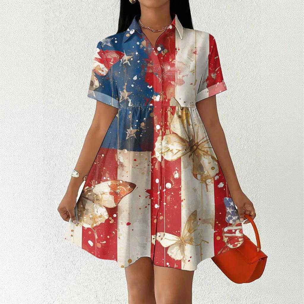 Women's Casual Loose Fit Shirt Dress Button Front Short Sleeve Collar Dress Independence Day Print Summer Dress