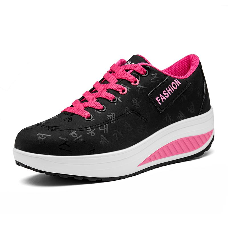 Fashion Women Running Sports Shoes Rocker Shoes Breathable Platform Shoes PU Leather Casual Walking Wedge Heels