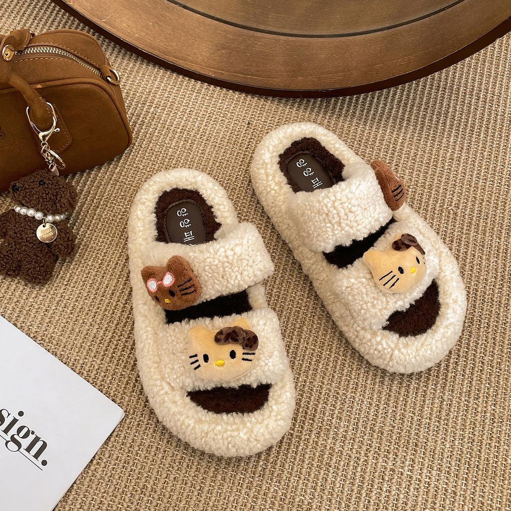 Cute cartoon black non-slip thick-soled fluffy slippers for women's outer wear 2025 new autumn and winter versatile soft bottom one-word drag