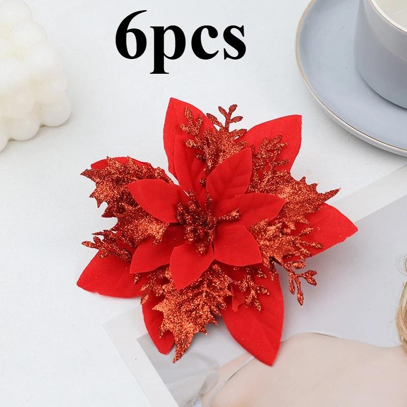 6Pcs Christmas Decoration Artificial Flowers Xmas Tree Ornaments for Home Decor Fake Flowers Navidad New Year 2025 Supplies