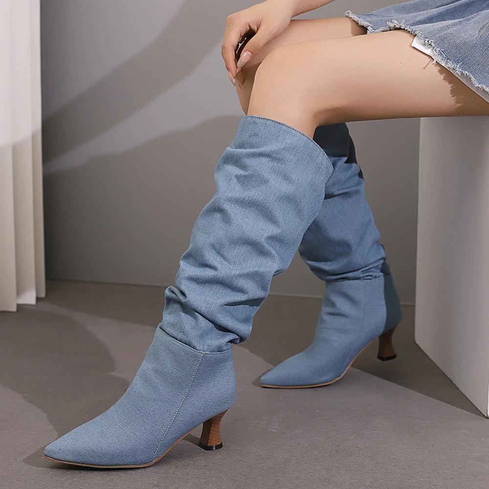 Retro Pleats Thigh High Boots for Women Autumn Thick Heeled Pointed Toe Cowboy Boots Woman Slip On Western Long Botas Mujer