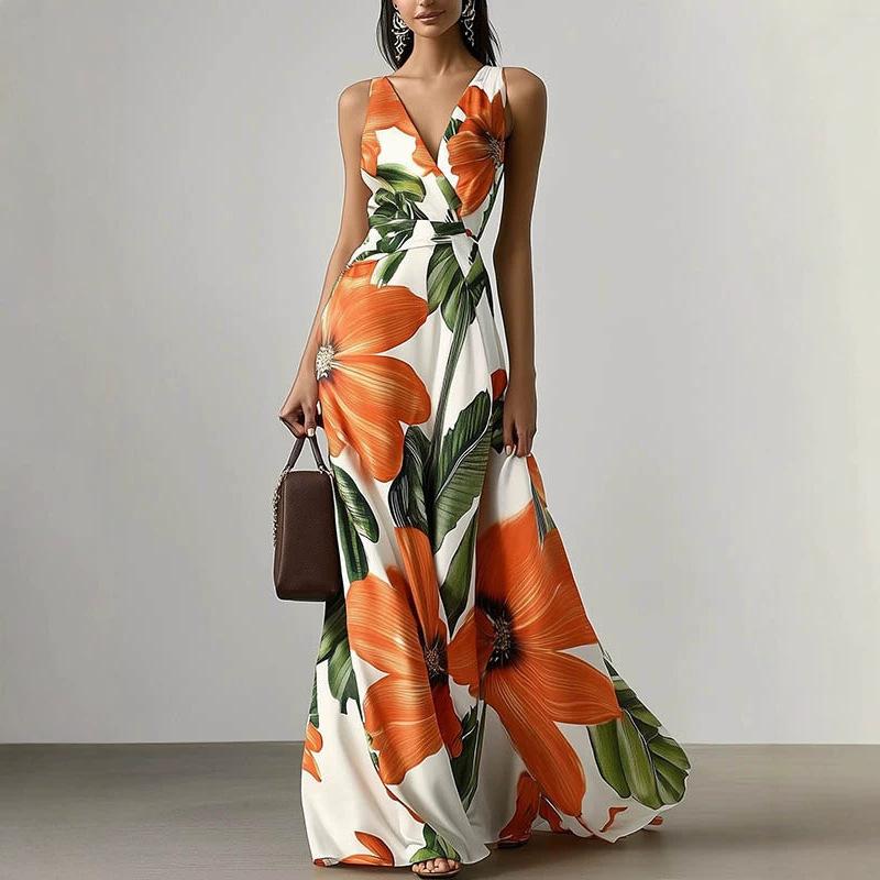 2026 European and American print slim holiday style lazy oversized skirt dress