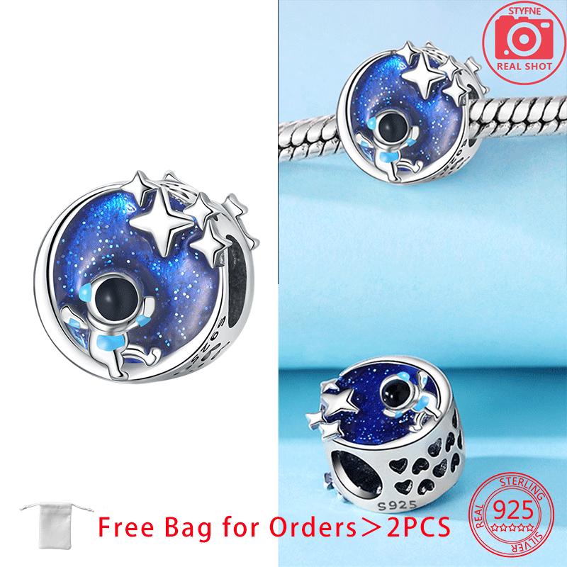 Copper Blue Zircon Heart Love Starry Sky Moon Stars Charms Beads Fit Diy Bracelet Women Jewelry Delicate Fine Gift