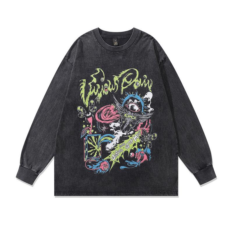 European, American High Street Direct Injection Printing Bottoming Shirt Casual Loose Retro Washed Old Hip Hop Long Sleeve T-Shirt Men