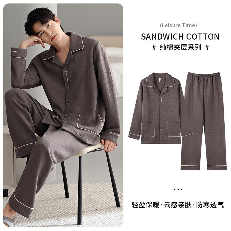 Pajamas Men'S Spring And Autumn Thickened Pure Cotton Long Sleeve Men'S Autumn And Winter Air Cotton Mezzanine Thin Cotton Loungewear