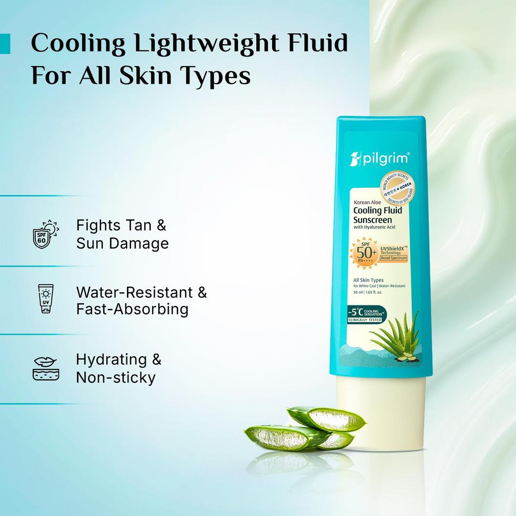 Pilgrim Aloe Cooling Fluid Sunscreen SPF 50+ PA++++ Hydrating Lightweight Water-Resistant 50ml for Men and Women