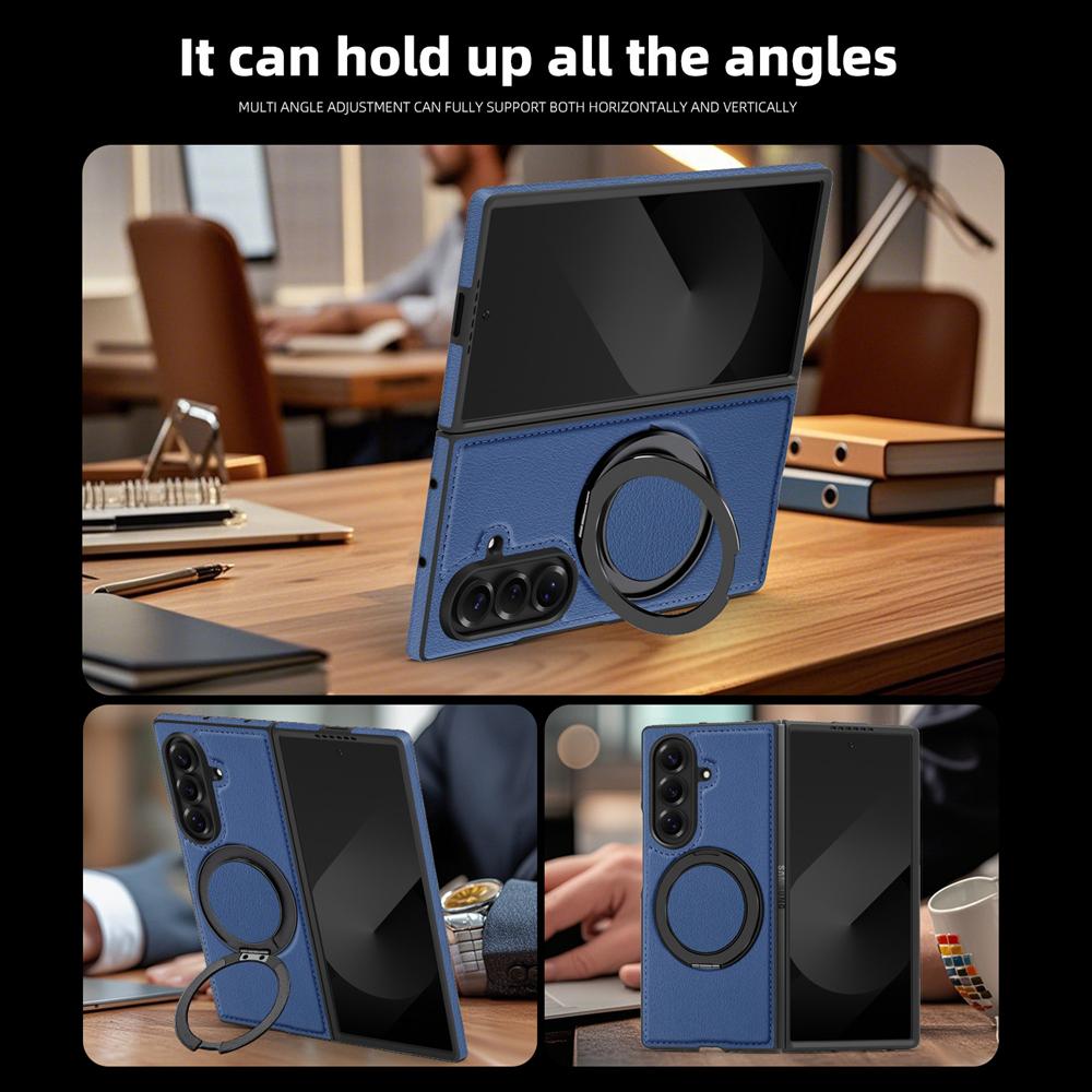 KEYSION 360° Rotating Magnetic Ring Stand PU Leather Case for MagSafe for Samsung Z Fold 7 5G Wireless Charging Phone Back Cover