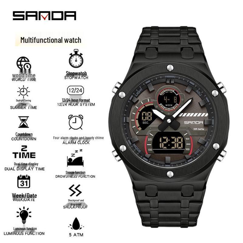 Sanda Trendy Multifunctional Waterproof Student Wristwatch with World Time Display