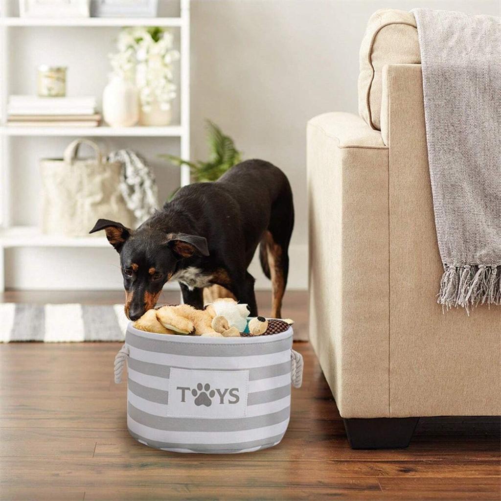 1pc-A Foldable Striped Pet Toy Basket and a Dog Toy Storage Box with a Woven Rope Handle