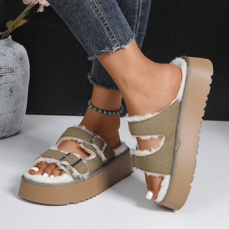 Fashion Fashion Platform Slippers Winter New Round Toe Open Toe Metal Buckle Plus Wool Warm Cotton Mopping