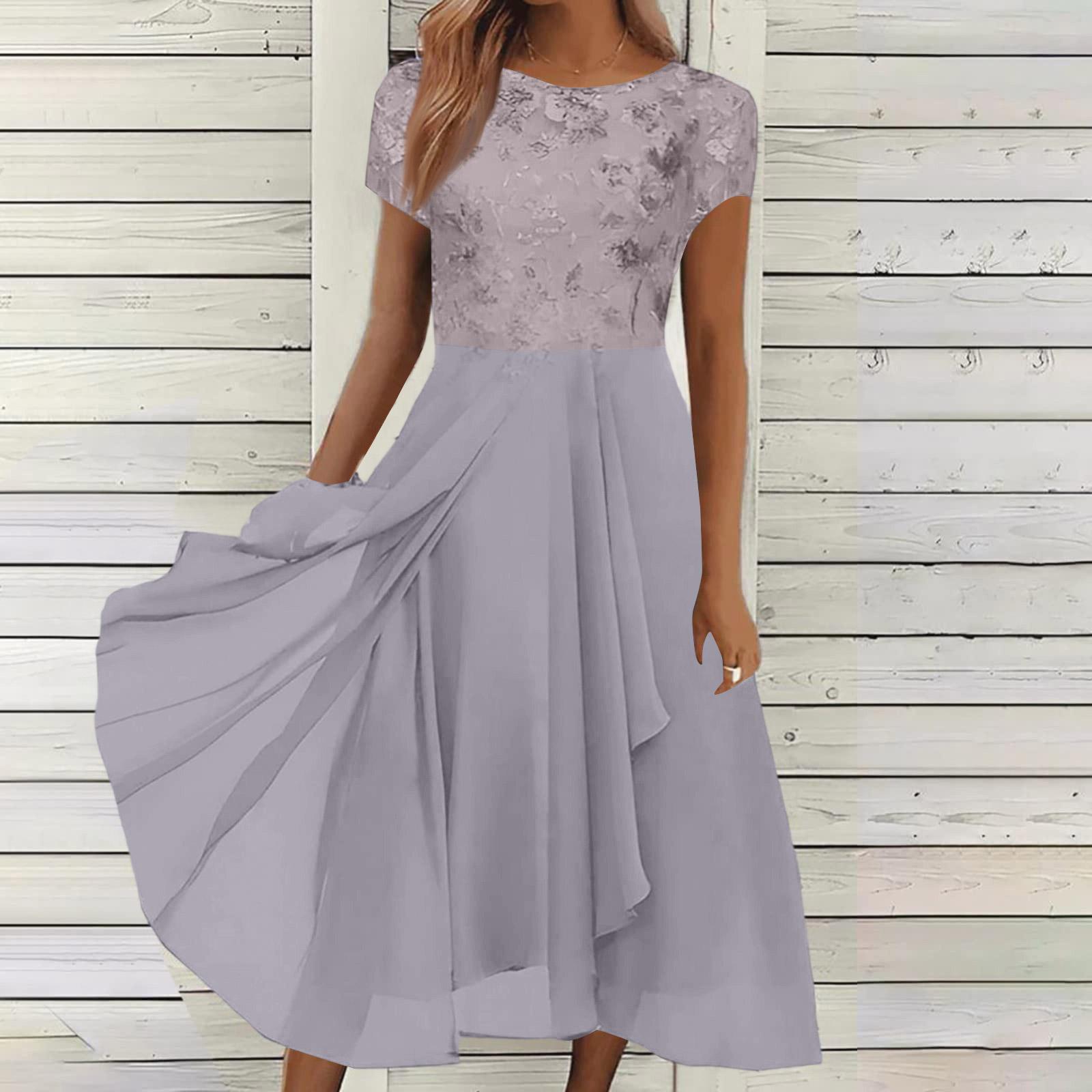 Women Chiffon Lace Patchwork Short Sleeve Maxi Dress Elegant Bridesmaid Evening Gown Flowy A Line Long Skirt for Formal Events S
