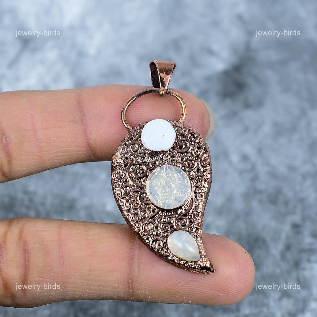 Round Natural Moonstone Copper Unique Electroformed Engagement Pendant Jewelry VP-38