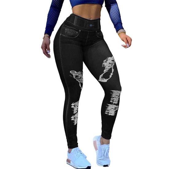 Women Pants High-Elastic Tight-Fit Fabric Imitation Jeans Leggings with Pockets Printing Ergonomic Tailoring Yoga Pants