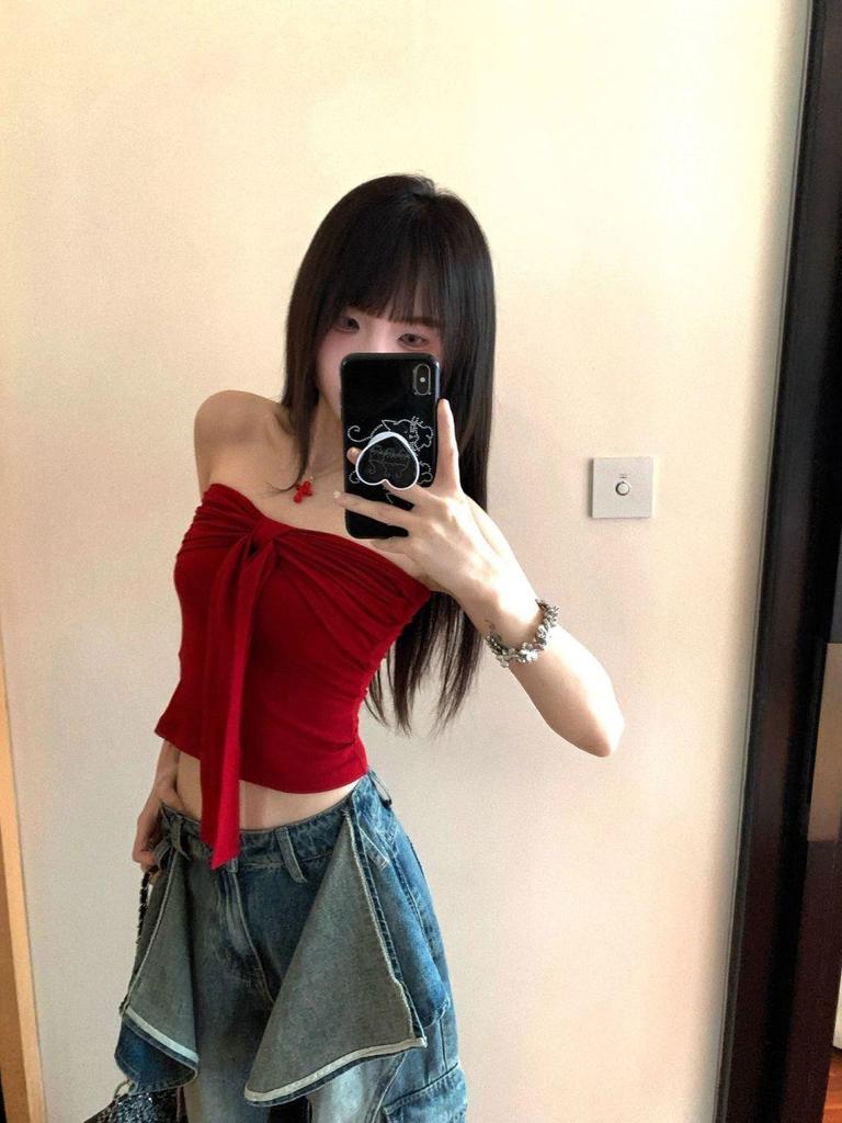 Damen Französisches Retro Schleife Trägerloses Weste - Sommer Pure Desire Wickel-Brust-Top