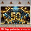 2D Navy Blue Gold 50th Birthday Banner, Happy 50 Birthday Party Photography Backdrop