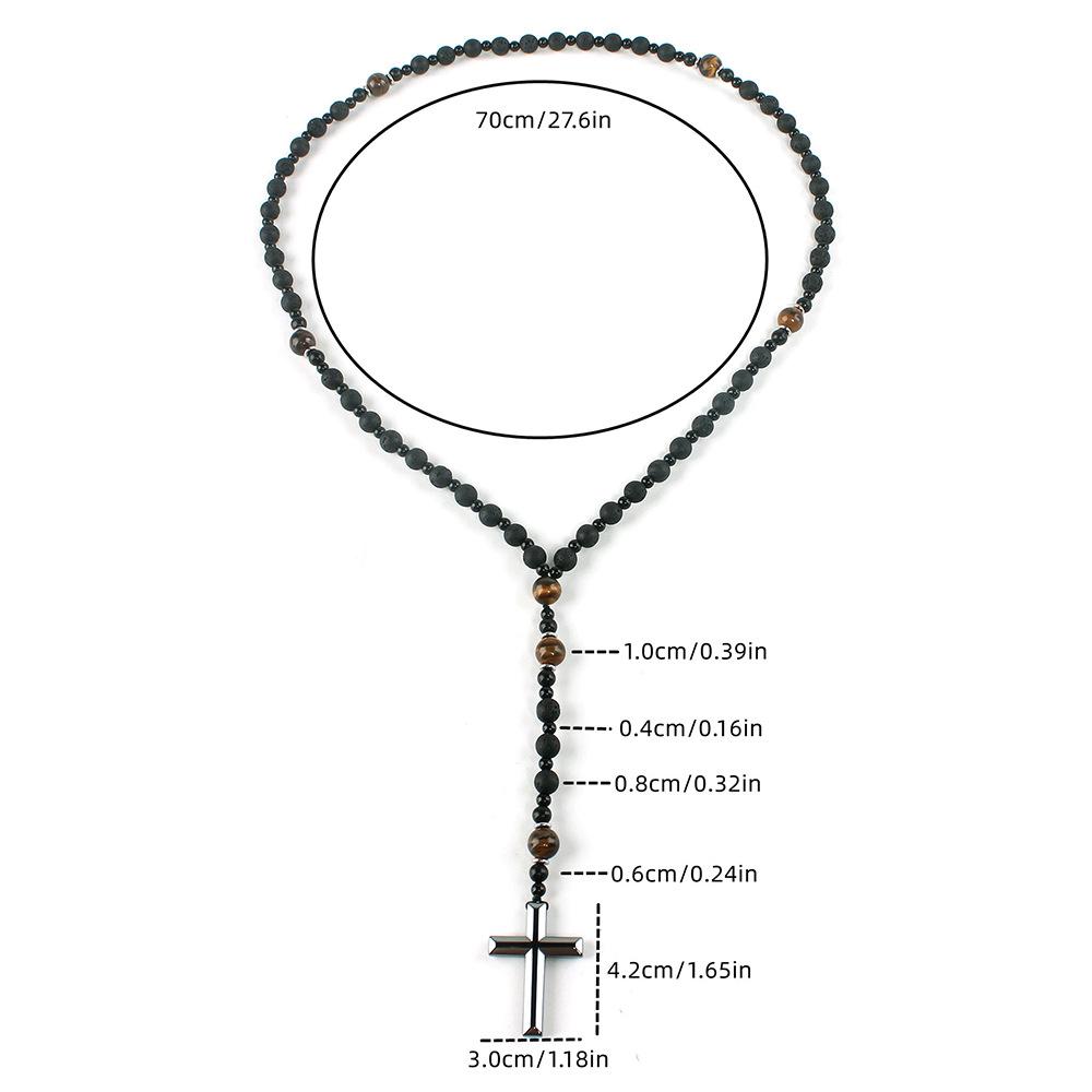 Collana Lunga in Pietra Lavica Naturale e Occhio di Tigre con Ciondolo a Forma di Croce in Ematite per Uomo Gioielli Rosario
