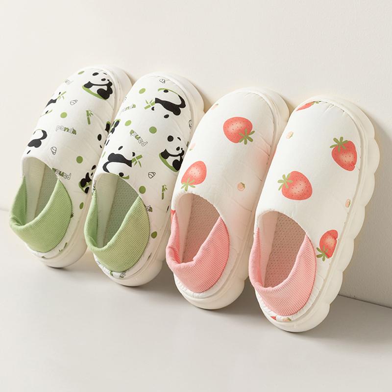 Fashion Cartoon Printed Home Cotton Slippers Women 2025 Indoor Non Slip Soft Sole Pregnant Shoes Woman Breathable Thick Bottom Slides