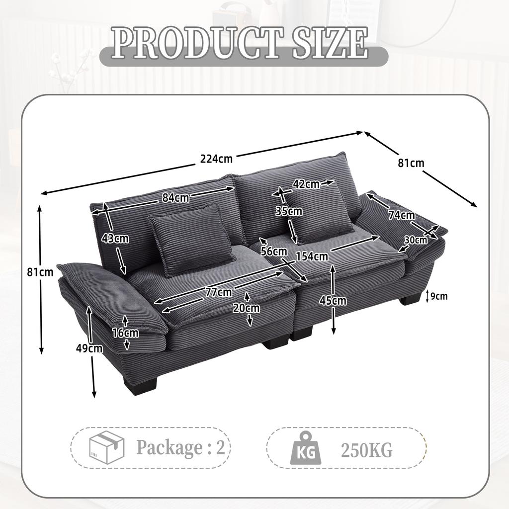 A modern, simple double sofa with a feather bed, for which one cushion is enough, is cozy, but spacious in living room/bedroom/office, Dark Grey