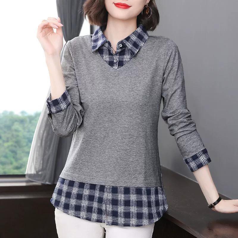Women's Spring and Autumn Plus Size Lapel Plaid Long Sleeve Slim Top Shirt