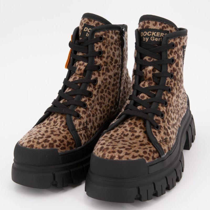 Bottines à poils imprimé léopard avec lacets noirs semelle crantée Femme DOCKERS BY GERLI